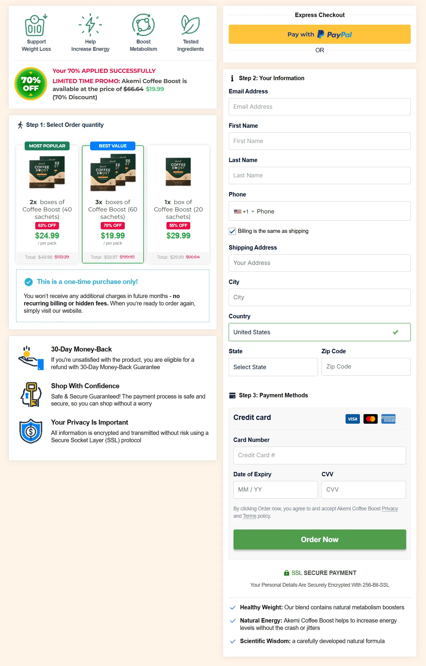 Akemi Coffee Boost secure checkout page